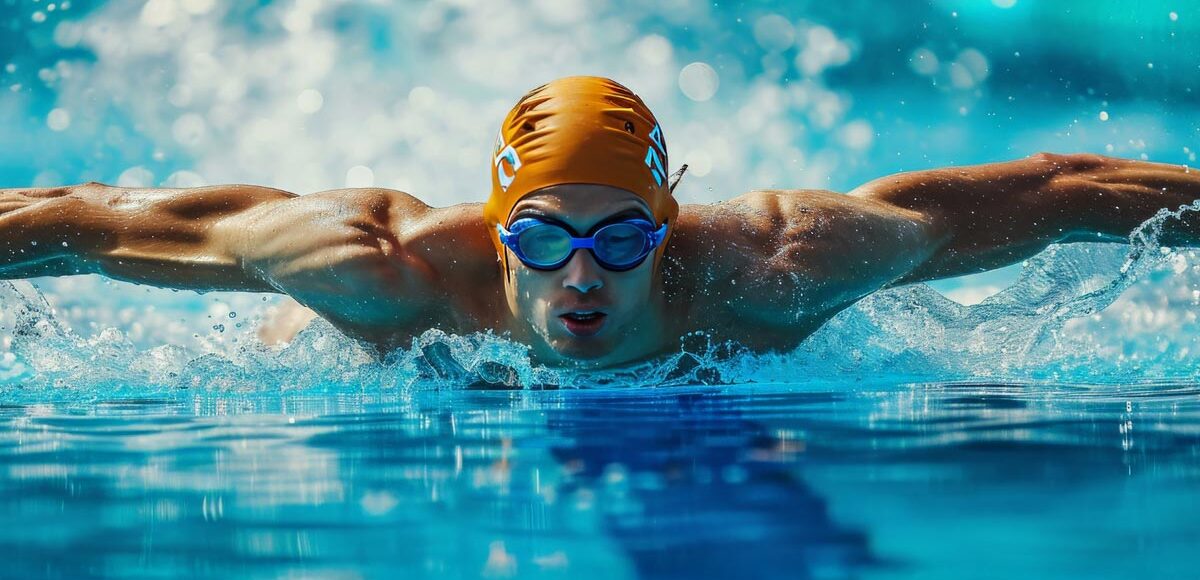 Young male sport athlete swimmer makes butterfly strokes in the pool.
