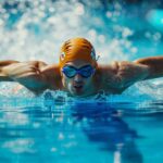 Young male sport athlete swimmer makes butterfly strokes in the pool.