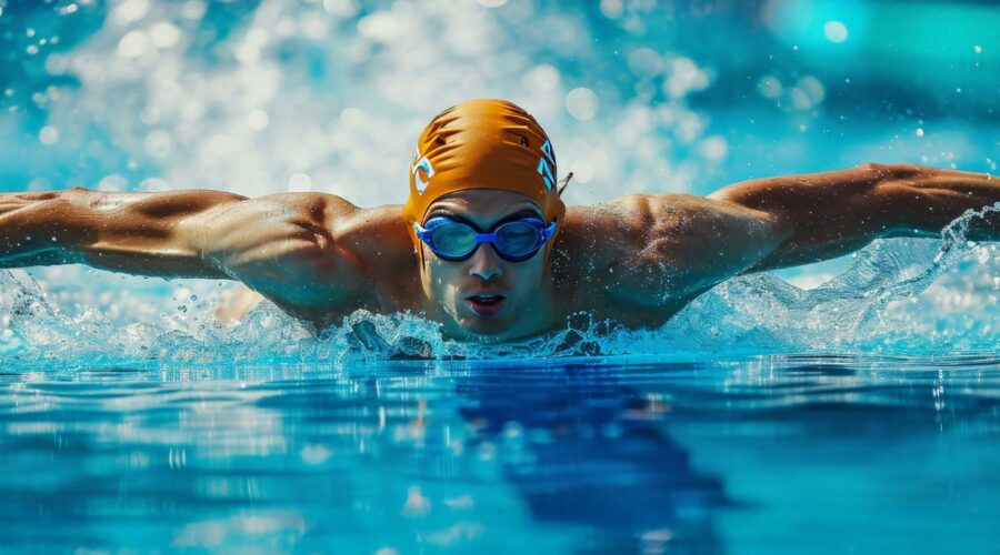 Young male sport athlete swimmer makes butterfly strokes in the pool.