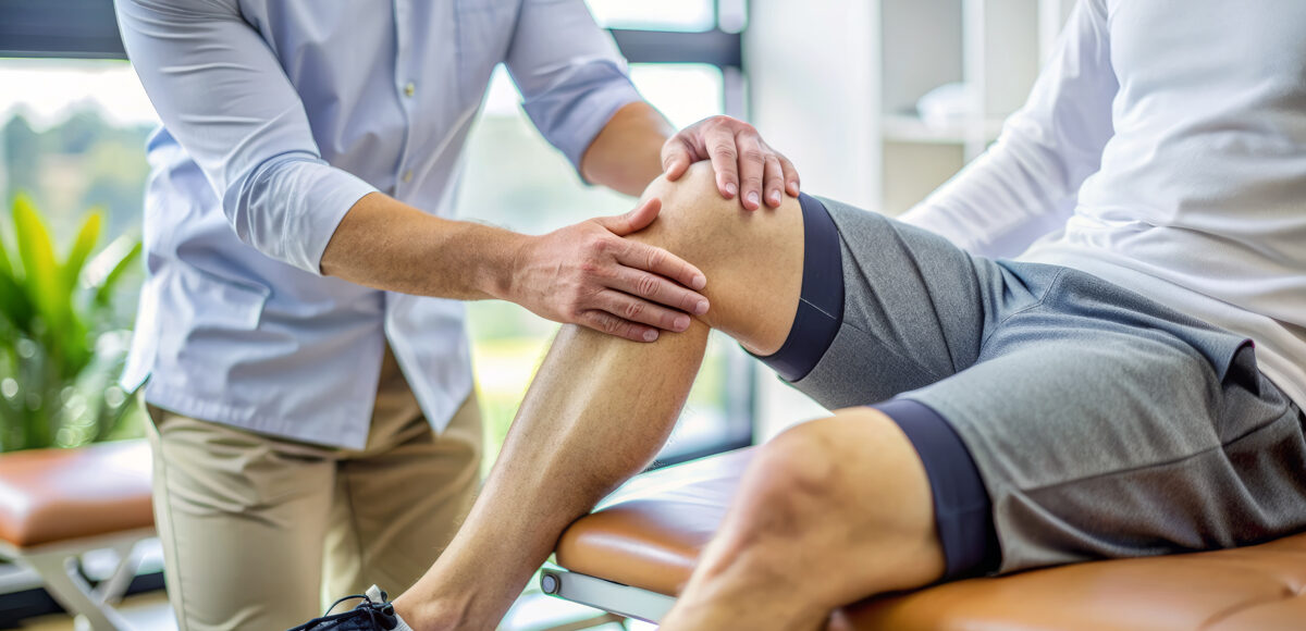 A male physical therapist gently palpates a patient's knee joint, assessing injuries and developing a personalized rehabilitation plan after surgery.