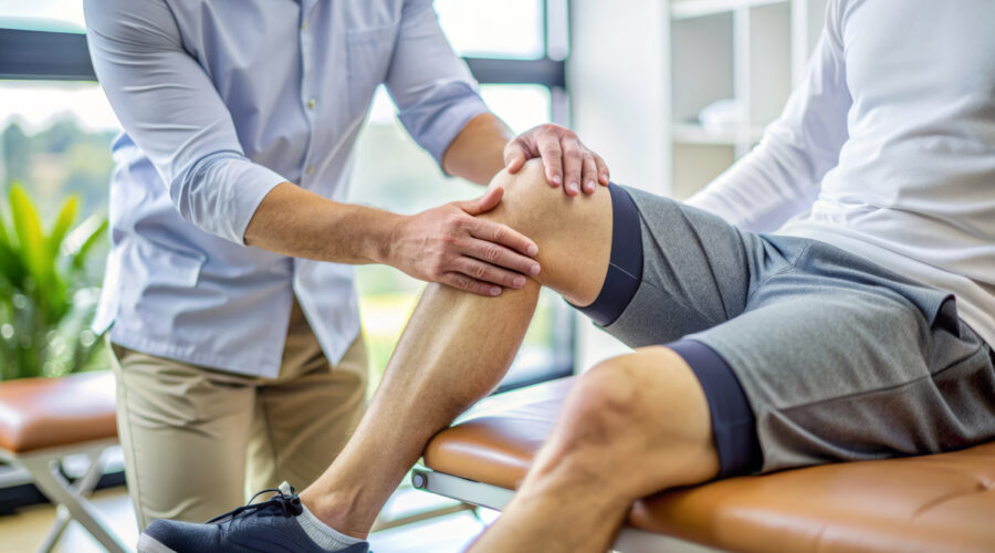 A male physical therapist gently palpates a patient's knee joint, assessing injuries and developing a personalized rehabilitation plan after surgery.