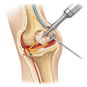 Anatomy illustration of surgical instruments to view and operate internal joint of a knee during an Arthroscopy surgery to smooth knee cartilage 