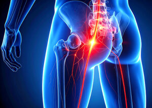 Digital illustration of sciatic nerve pain radiating from lower back to leg