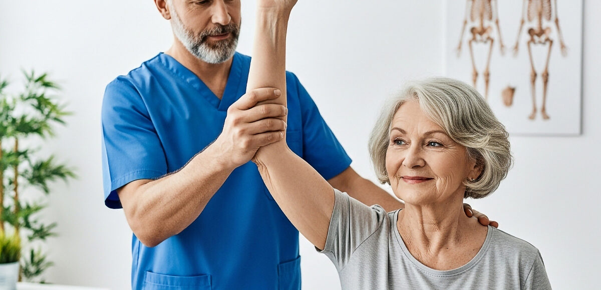 Male physical therapists helps elderly female patient lift her arm while doing manual therapy during a physical assessment