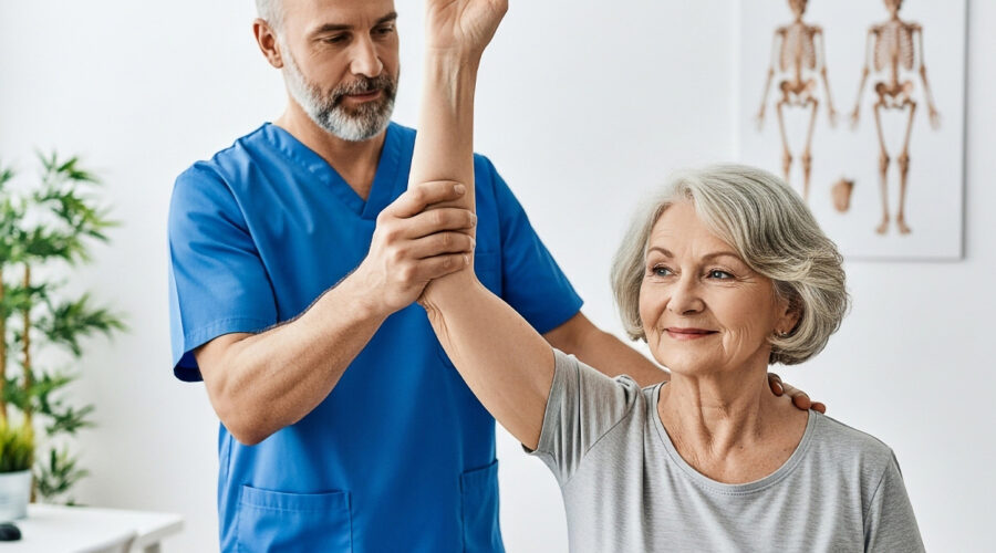 Male physical therapists helps elderly female patient lift her arm while doing manual therapy during a physical assessment