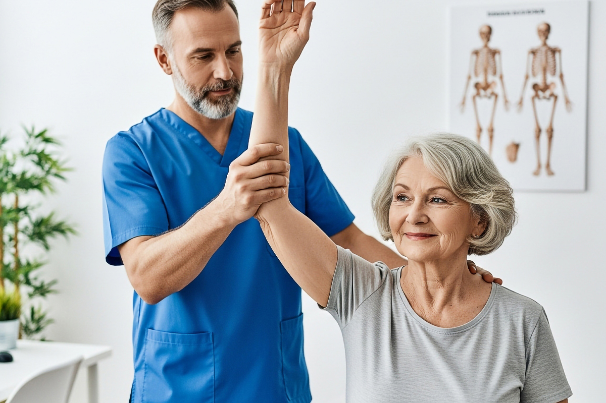 Male physical therapists helps elderly female patient lift her arm while doing manual therapy during a physical assessment
