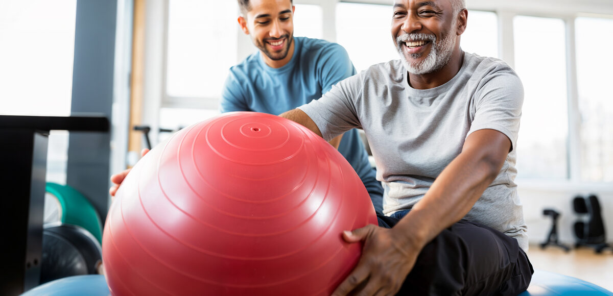 A physical therapist works with an elder male black patient, helping him use an exercise ball to improve flexibility, balance, and core strength.