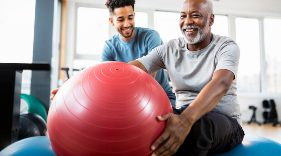 A physical therapist works with an elder male black patient, helping him use an exercise ball to improve flexibility, balance, and core strength.