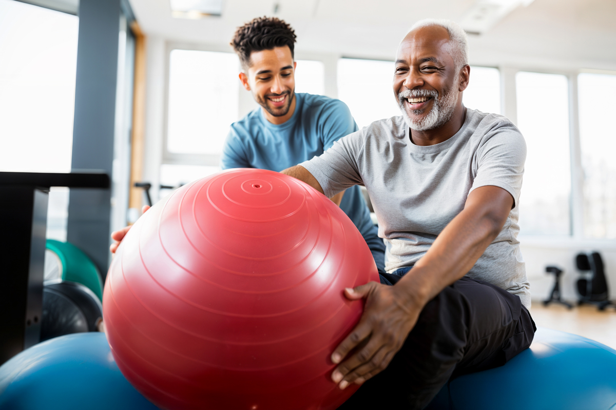 A physical therapist works with an elder male black patient, helping him use an exercise ball to improve flexibility, balance, and core strength.