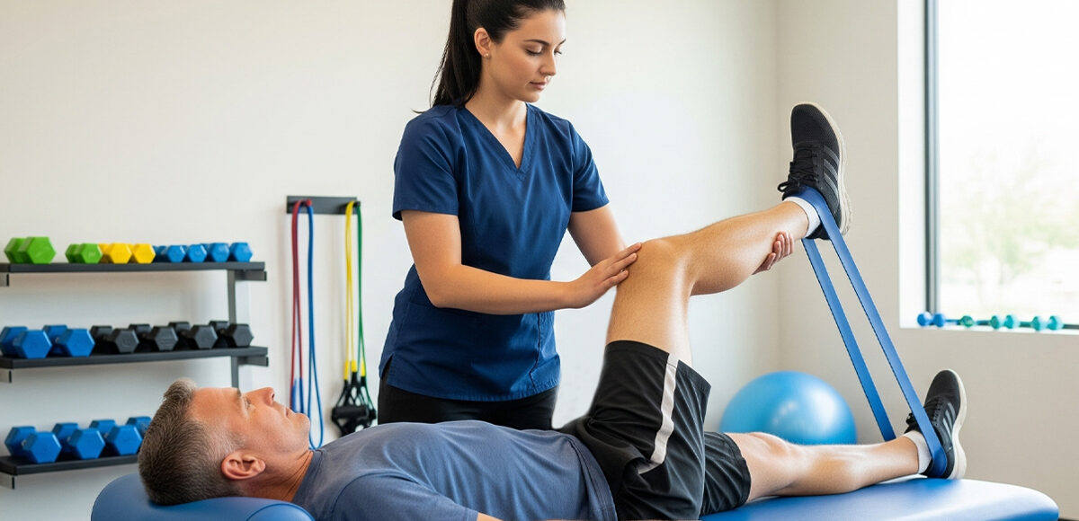 Female Physical Therapist assisting male patient with knee restriction band exercises