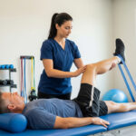 Female Physical Therapist assisting male patient with knee restriction band exercises