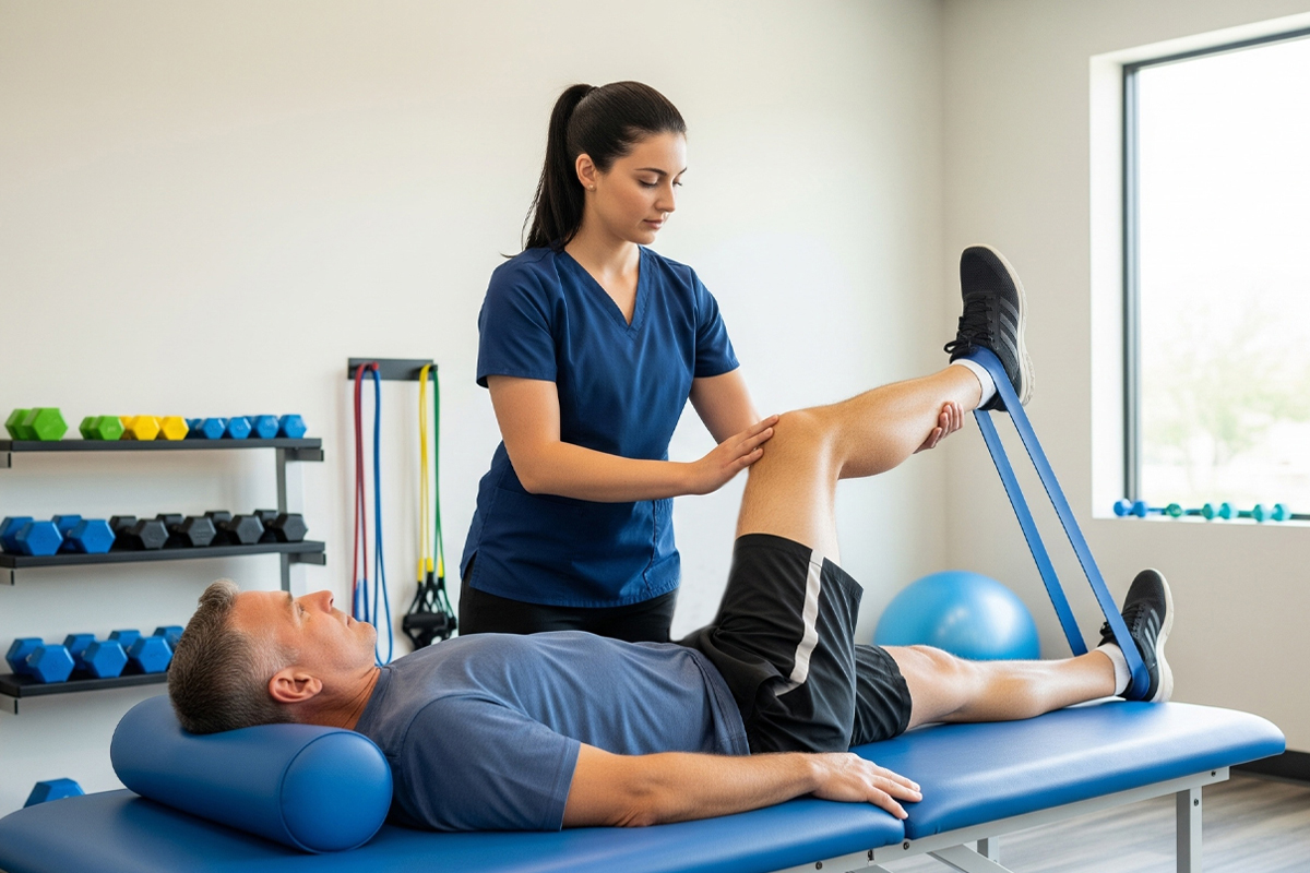Female Physical Therapist assisting male patient with knee restriction band exercises