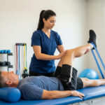 Female Physical Therapist assisting male patient with knee restriction band exercises
