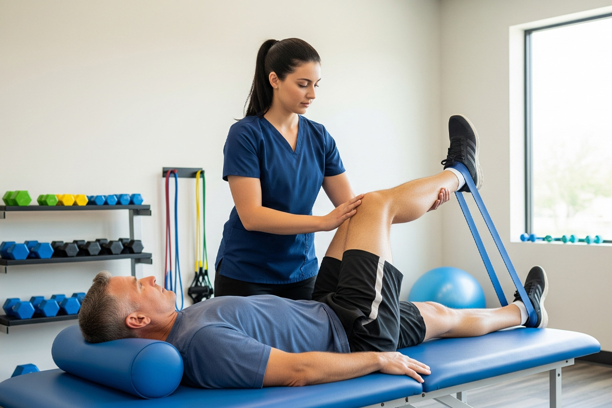 Female Physical Therapist assisting male patient with knee restriction band exercises
