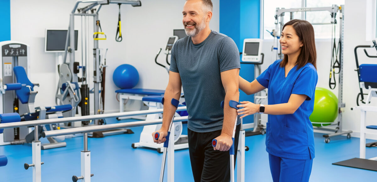 A female physical therapist helps a male patient with crutches walk