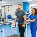 A female physical therapist helps a male patient with crutches walk