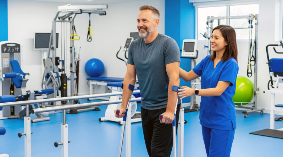 A female physical therapist helps a male patient with crutches walk