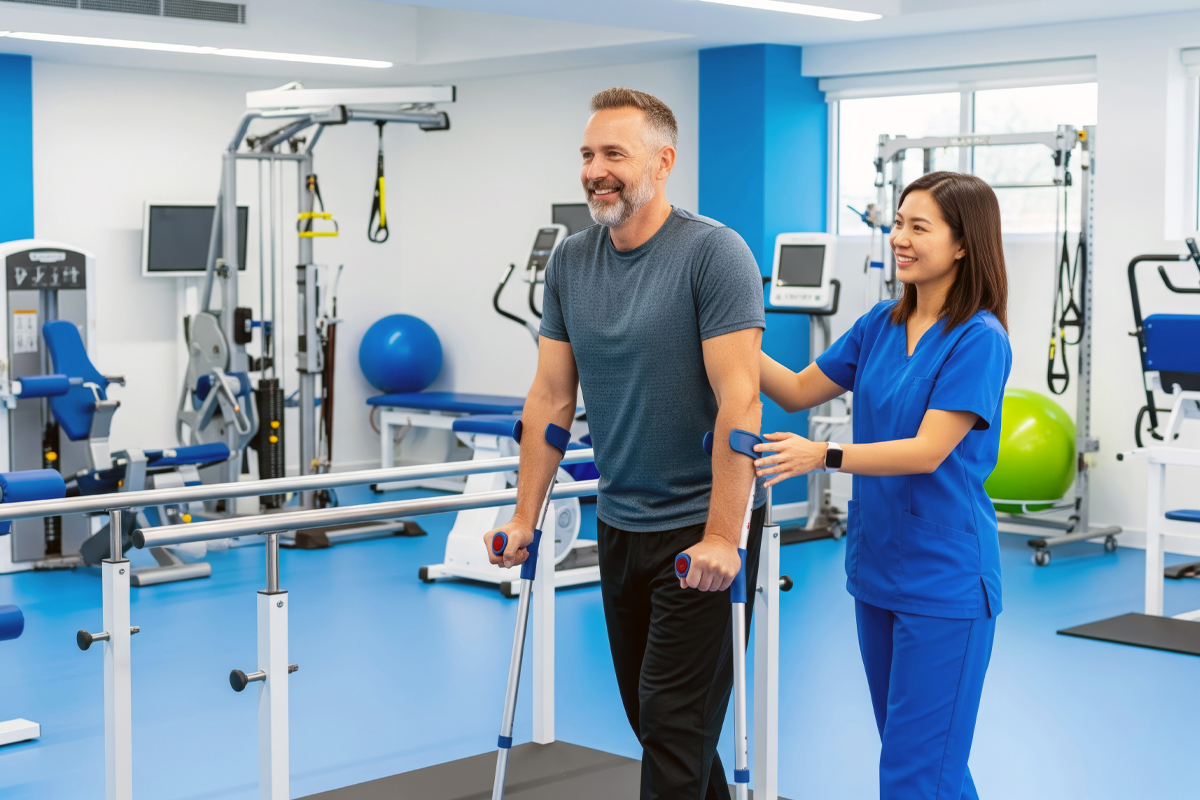 A female physical therapist helps a male patient with crutches walk