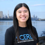 Physical therapist Madelina Bucci of Scerbo Physical Therapy standing along the Hudson River Waterfront Walkway with the New York City skyline in the background.