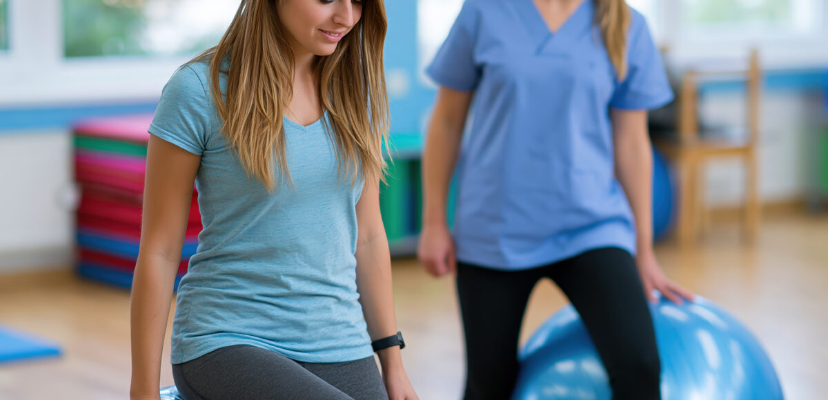 Female Physical Therapist Guiding Balance & Strength Training with Exercise Ball