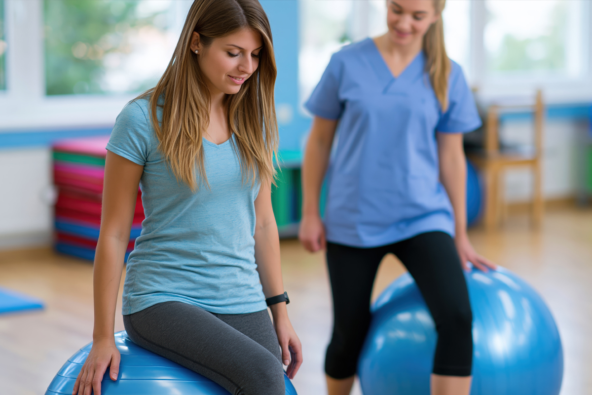 Female Physical Therapist Guiding Balance & Strength Training with Exercise Ball